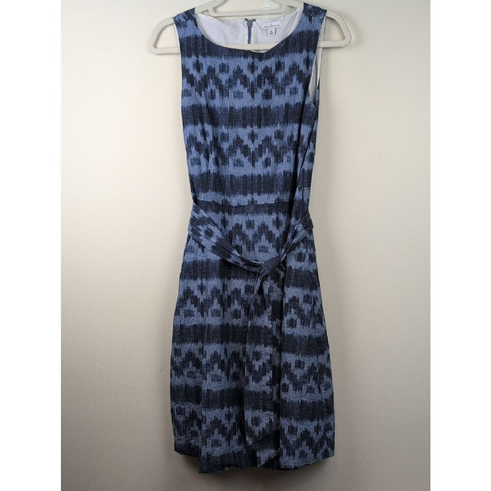 L L Bean Signature Sleeveless Blue Patterned Tie-Waist Cotton Midi Dress Size 10